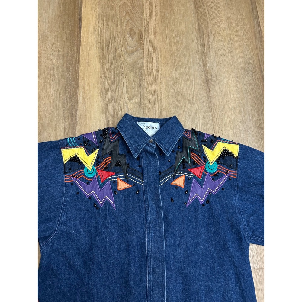 Vintage Western Denim Shirt Beaded Leather Patch Geometric Blue S long sleeve - Picture 3 of 6